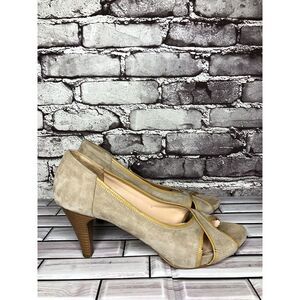 Edas Beige Suede Leather Patent Lining Peep Toe Dress Heels Women’s Sz 41EU/10US